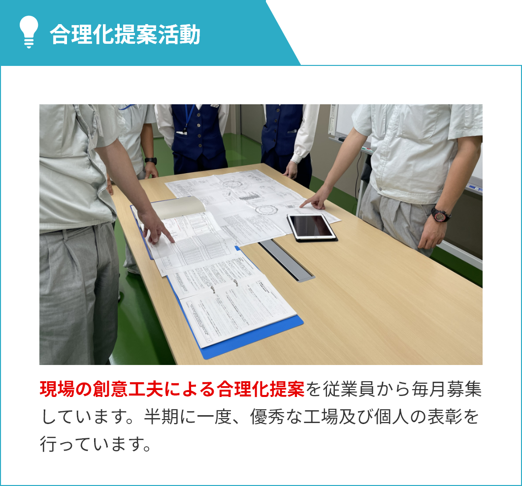 合理化提案活動,現場の創意工夫による合理化提案を従業員から毎月募集しています。