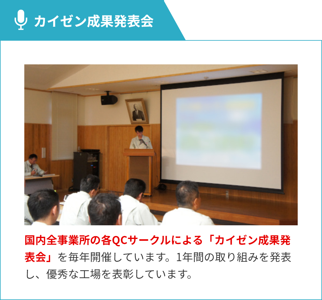 カイゼン成果発表会,国内全事業場による「カイゼン成果発表会」を毎年開催しています。1年間の取り組みを発表し、優秀な工場を表彰しています。